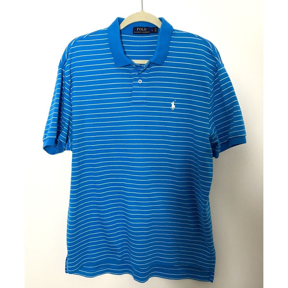 Polo Ralph Lauren Blue Striped Cotton Polo Shirt Classic Collar Short Sleeves L
